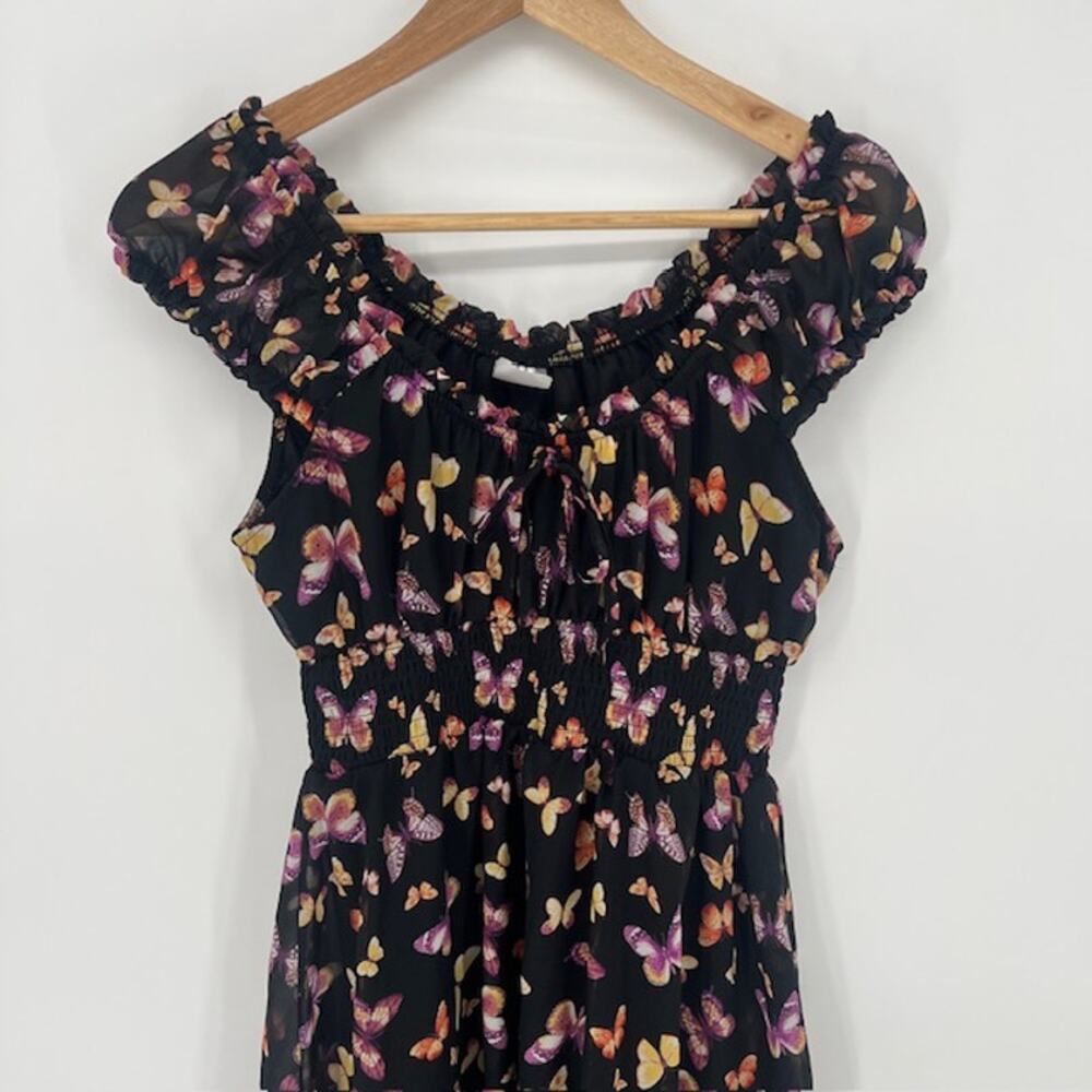NOBO XS Whimsical Fairycore Butterfly Chiffon Midi Dress Smocked Off Shoulder